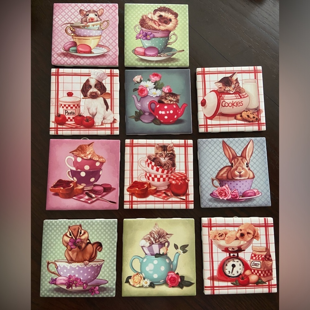 Lot of 11 of Accent & Decor Tile by Maryline Cazenave 4” Ceramic Kittens Puppies